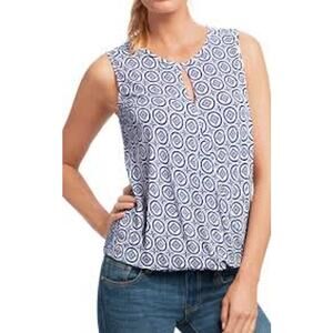 CAbi #733 Medallion Keyhole Crossover Wrap Top XS Blue White